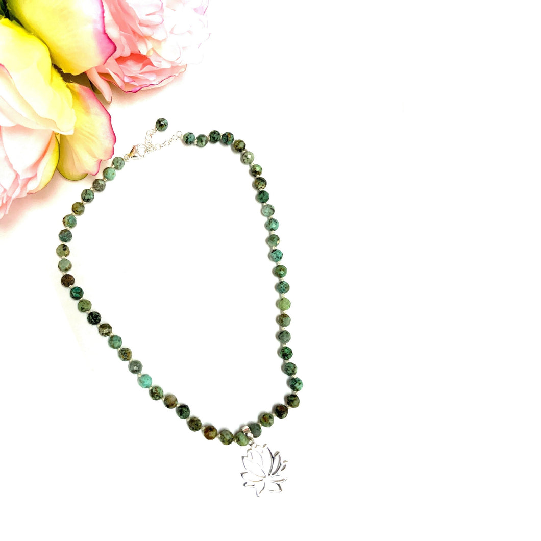 African Turquoise Necklace With Lotus Flower!