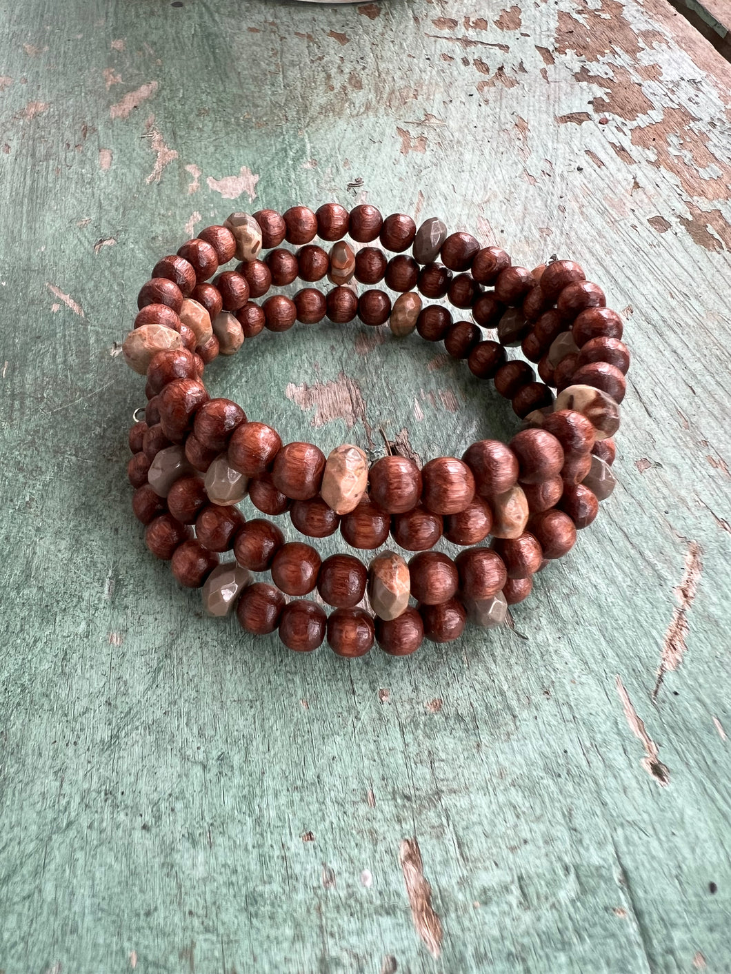 African Map Jasper & Wood Coil Bracelet!