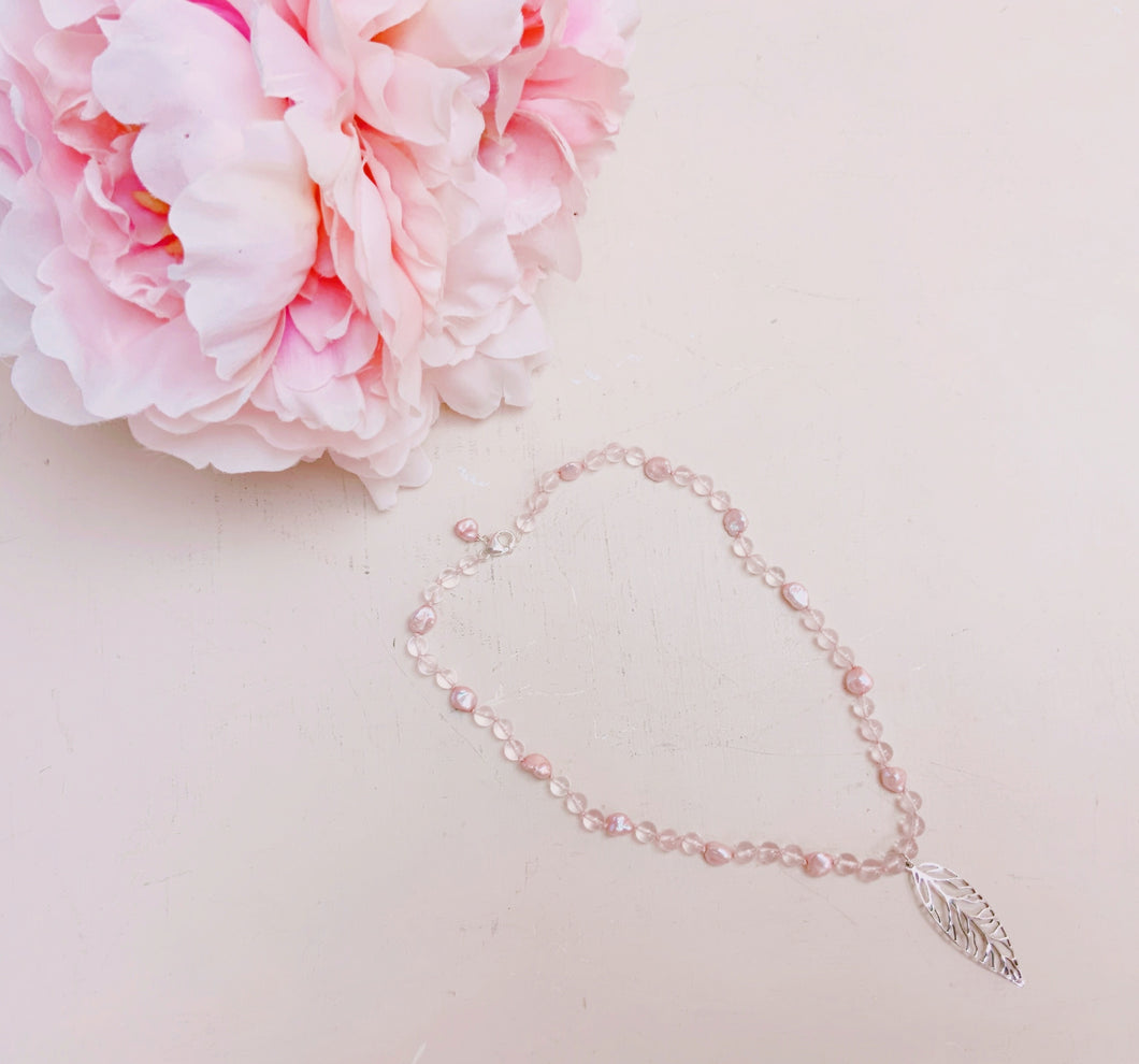 Rose Quartz, Fresh Water Pearl & Leaf Necklace!