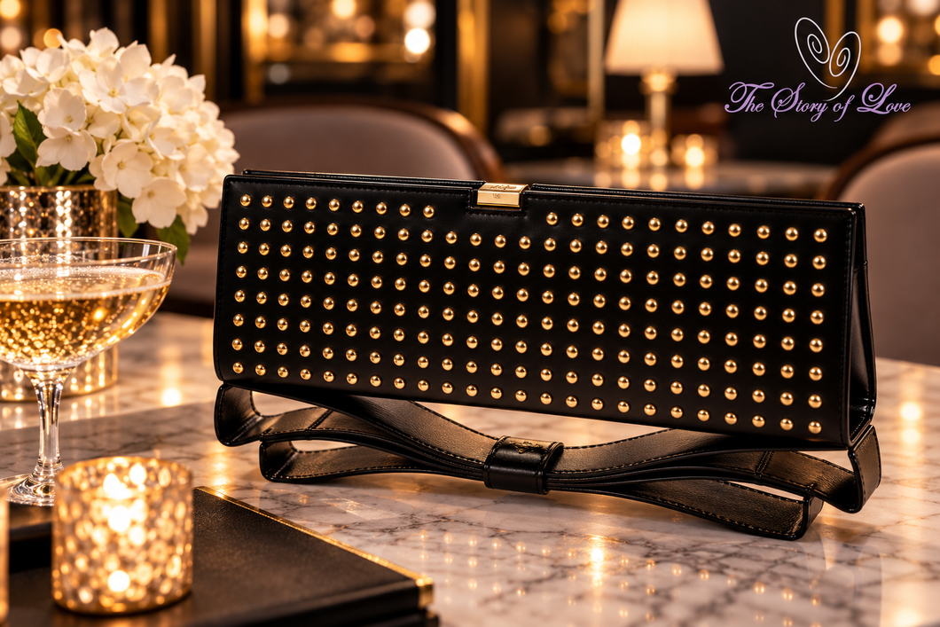 Zac Posen Black Leather Gold Studded Evening Clutch