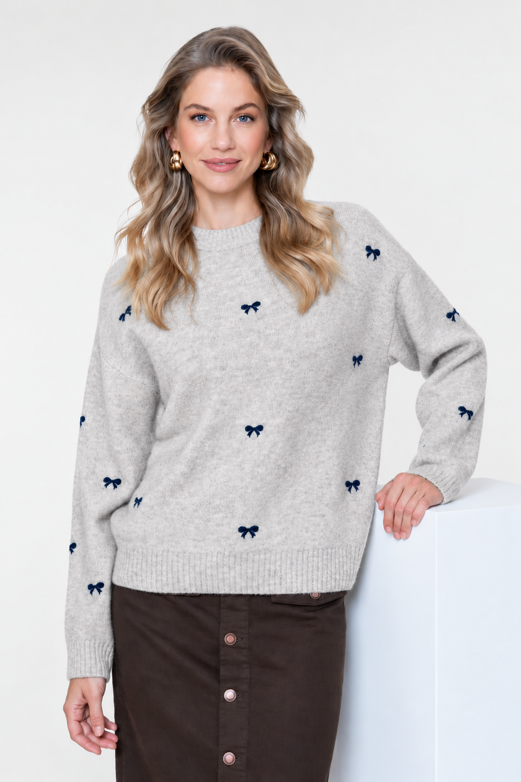 Dove Grey and Navy Bow Sweater By Geisha From The Netherlands
