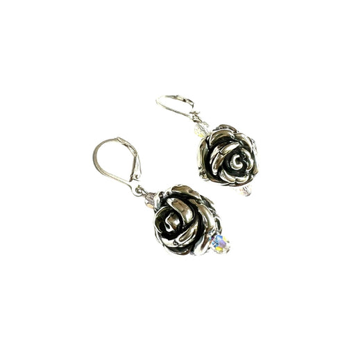 Sterling Silver Rose Earrings With Clear Swarovski Crystals