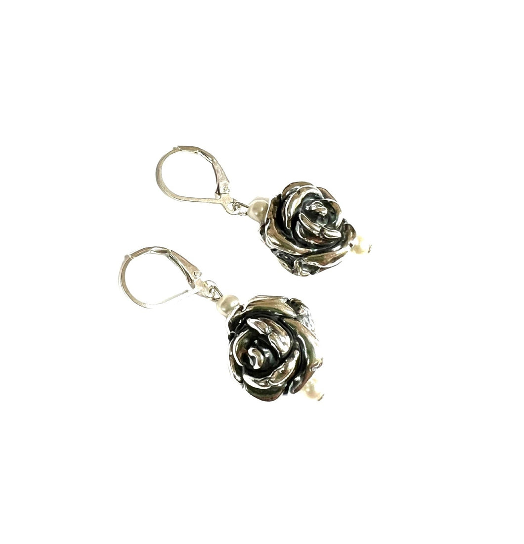 Sterling Silver Rose Earrings With Freshwater Pearls