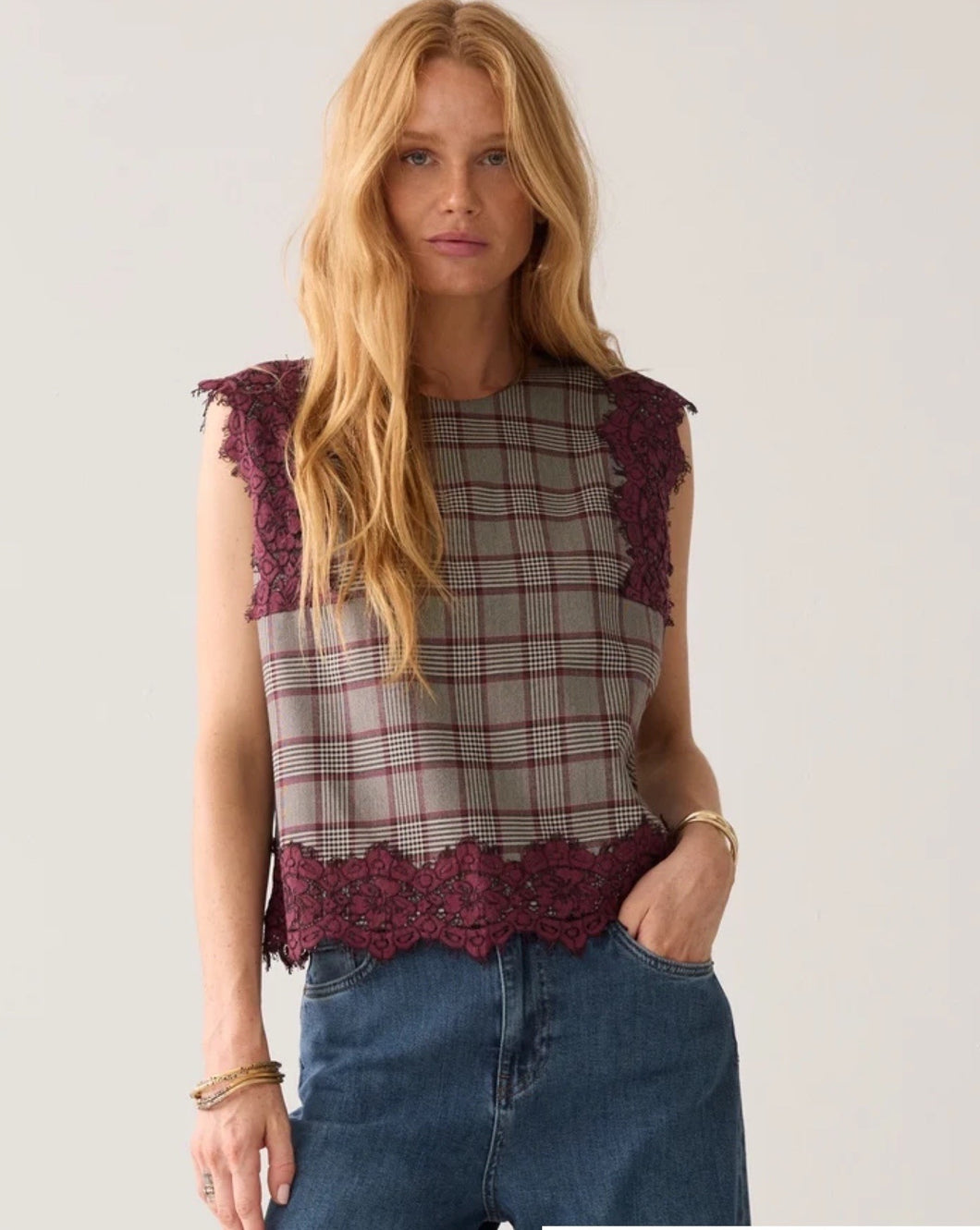 Plaid Lace Embelished Sleeveless Top By Summum