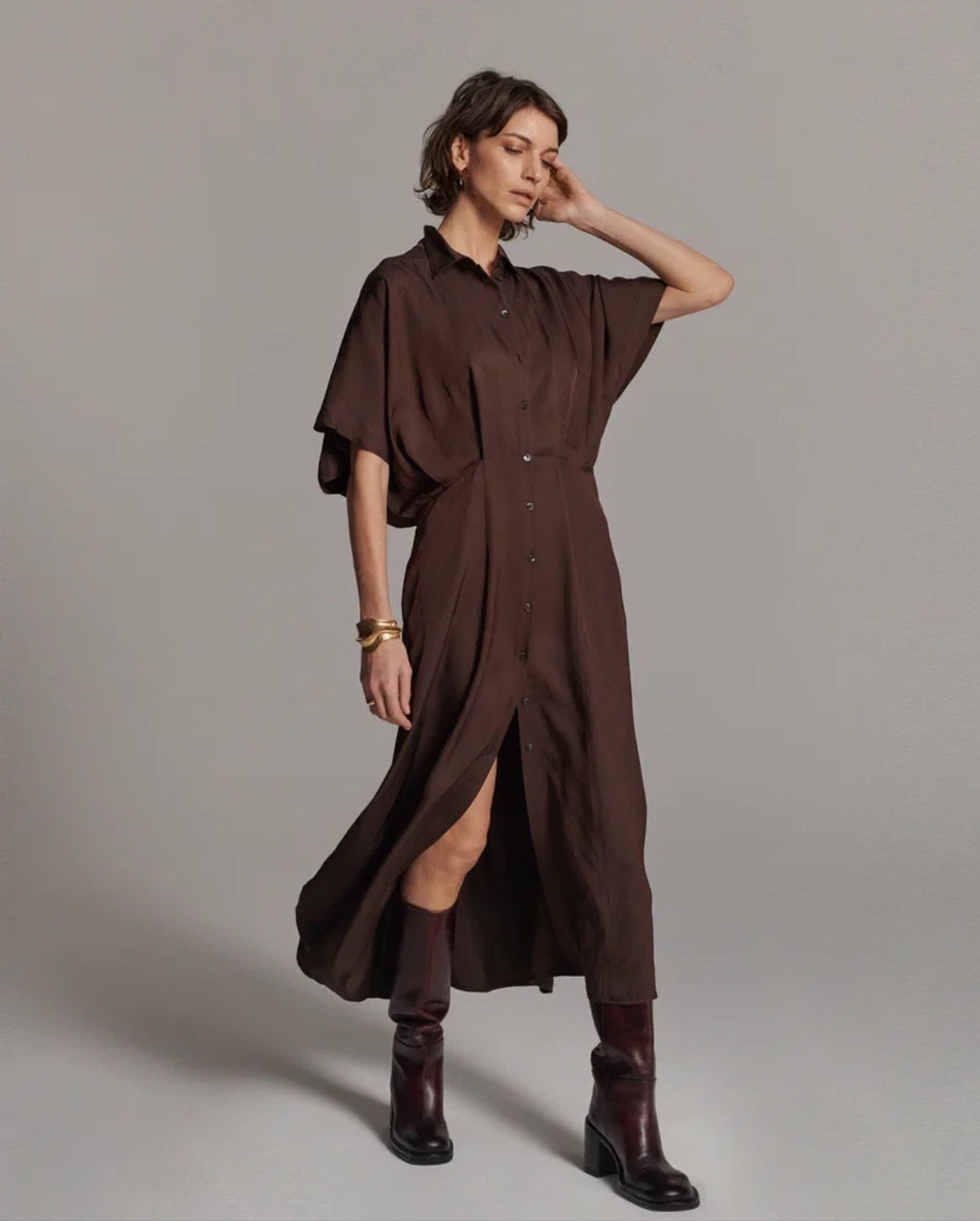 Button Down Dress In Chocolate By Summum