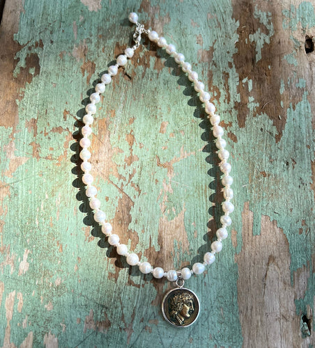 Freshwater Pearl Necklace With Sterling Coin Pendant!