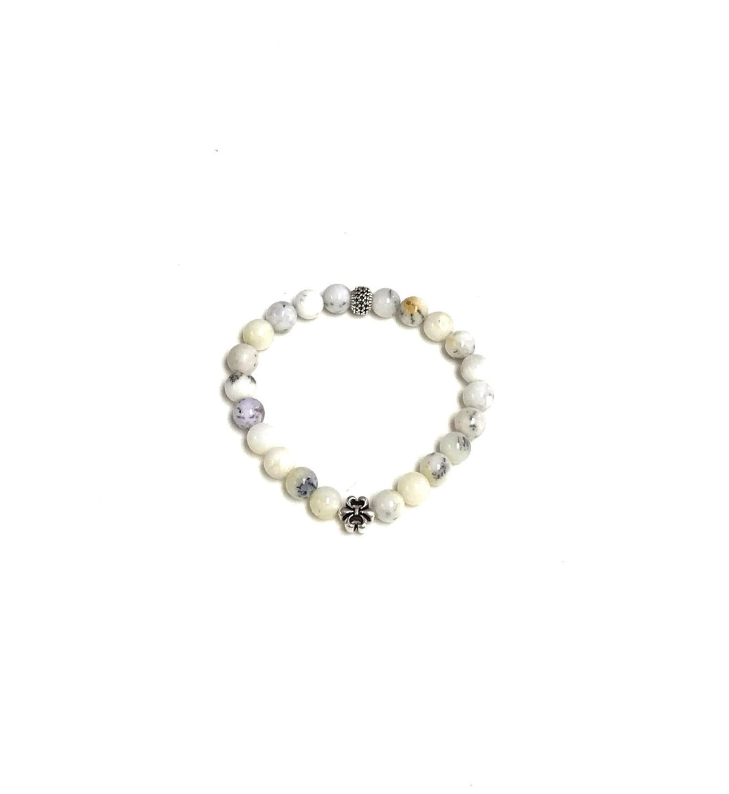 BZen White Dendrite Opal Bracelet with Fleur de Lis!