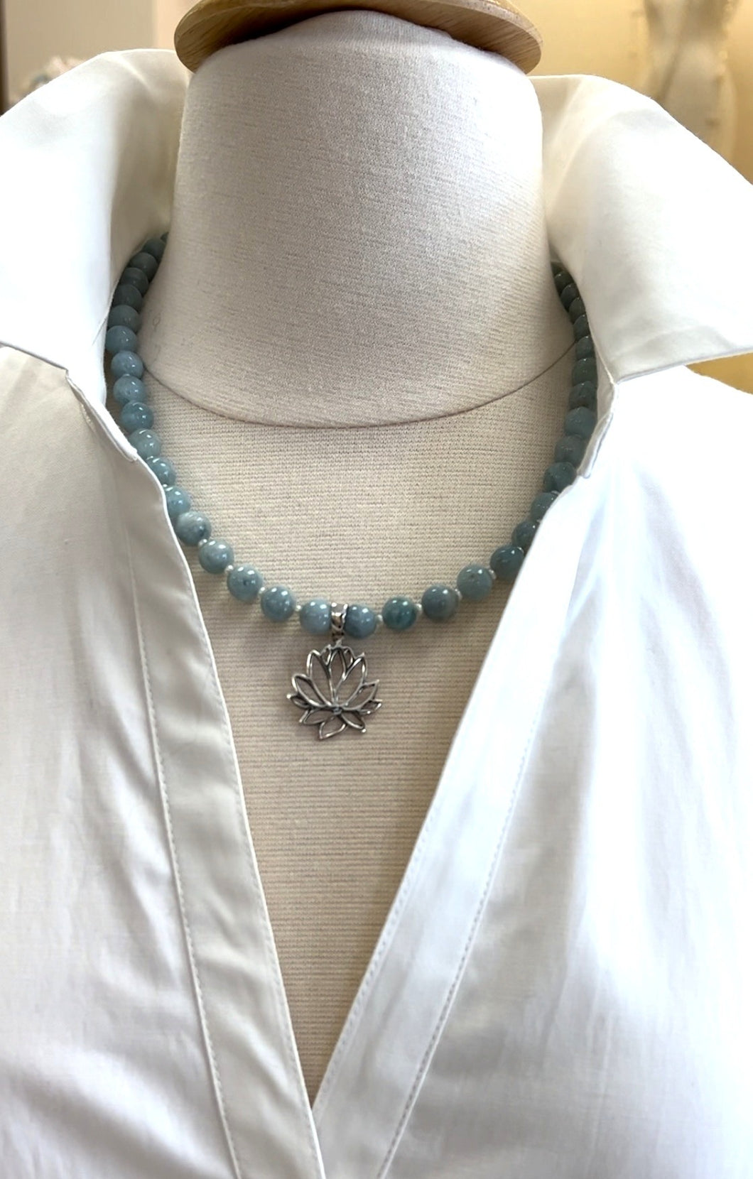 Aquamarine Necklace With Freshwater Pearls & Lotus Pendant!