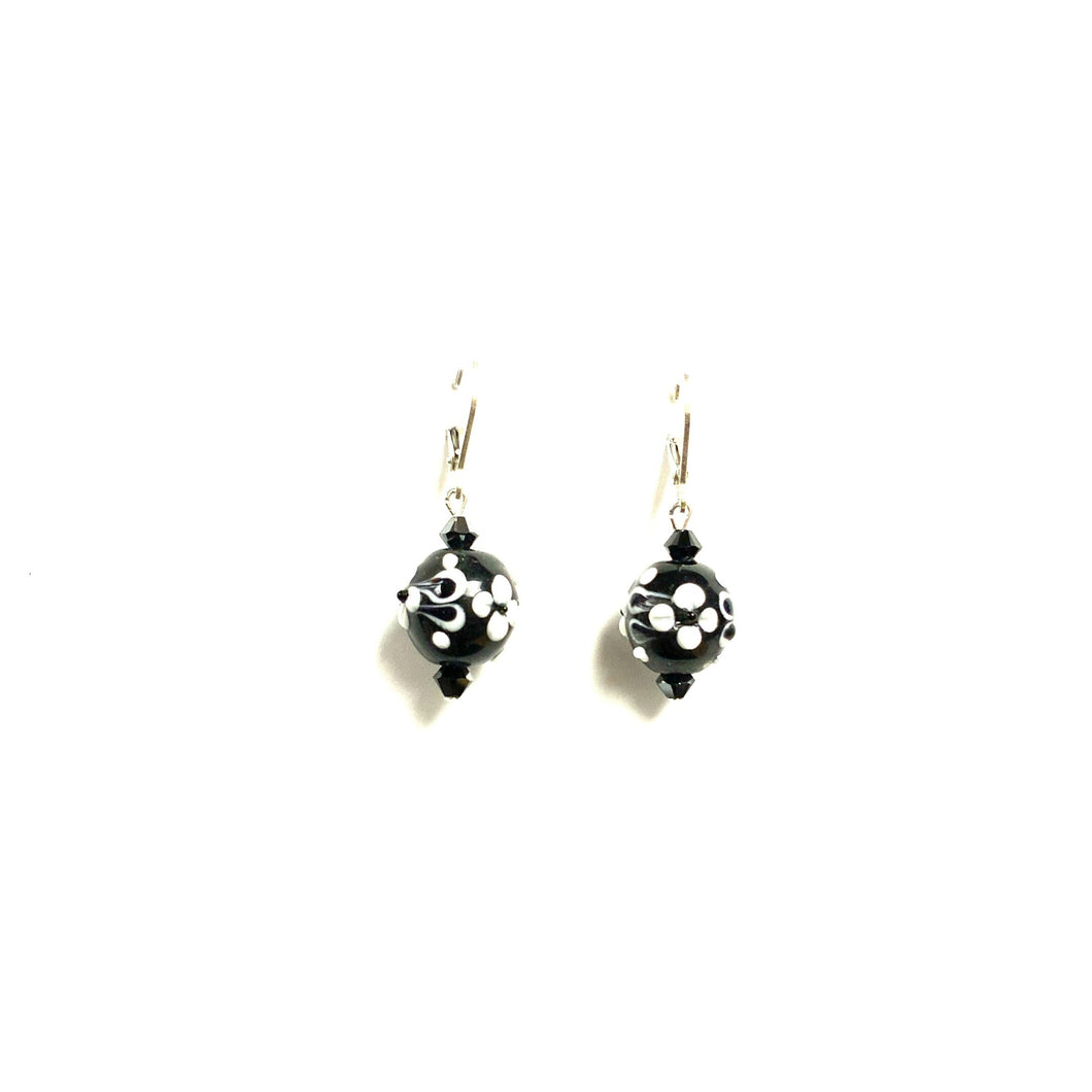Black and white drop dangle earrings sterling silver floral